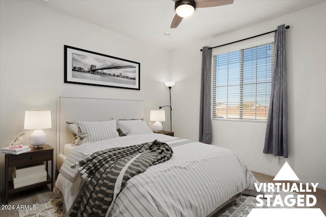 bedroom featuring carpet and ceiling fan