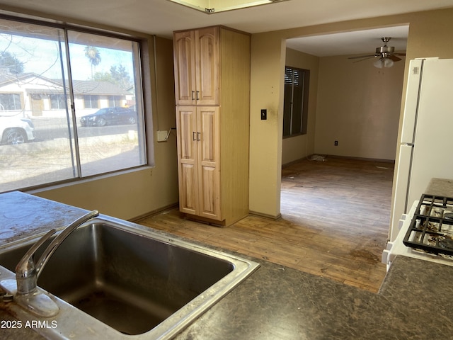 kitchen with white refrigerator, light hardwood / wood-style floors, sink, ceiling fan, and light brown cabinetry