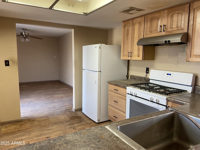 kitchen featuring white appliances, wood-type flooring, sink, and ceiling fan