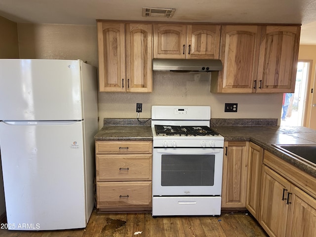 kitchen with dark hardwood / wood-style flooring and white appliances