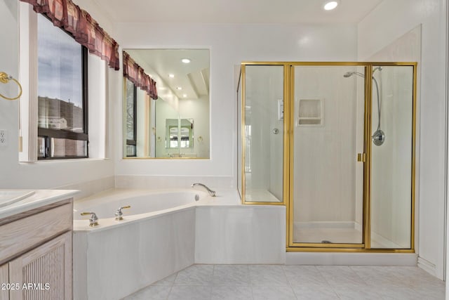 18 E Paint Your Wagon Trl, Phoenix, AZ 85085 - full bathroom with healthy amount of natural light, a shower stall, a garden tub, vanity, and recessed lighting