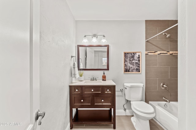 full bath with shower / bathing tub combination, vanity, toilet, and baseboards