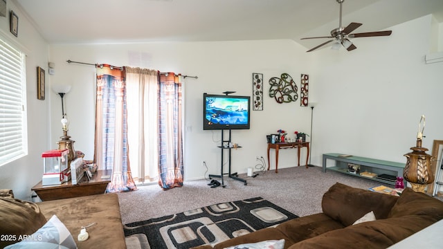 23941 N High Dunes Dr, Florence, AZ 85132 - living area with carpet flooring, ceiling fan, and vaulted ceiling