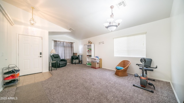 23941 N High Dunes Dr, Florence, AZ 85132 - exercise room with lofted ceiling, baseboards, a chandelier, carpet floors, and visible vents