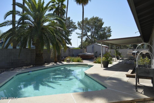 12601 N 34th St, Phoenix, AZ 85032 - view of swimming pool featuring a fenced backyard, a patio, outdoor dining area, an outbuilding, and a fenced in pool