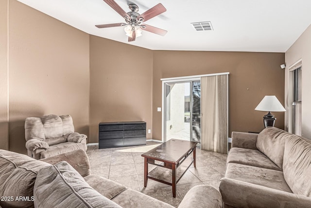 19576 N Portarosa Ct, Maricopa, AZ 85138 - living area featuring vaulted ceiling, ceiling fan, baseboards, and light tile patterned flooring