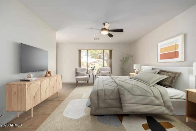 bedroom with a ceiling fan, light tile patterned flooring, and visible vents