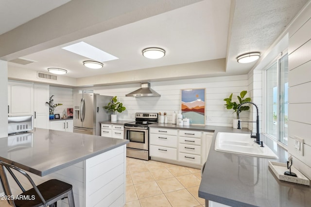 kitchen featuring white cabinets, wall chimney range hood, sink, a breakfast bar area, and stainless steel appliances