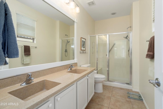 full bathroom featuring tile patterned floors, visible vents, a shower stall, and a sink