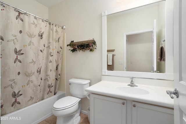 full bathroom with vanity, toilet, shower / tub combo, and tile patterned flooring