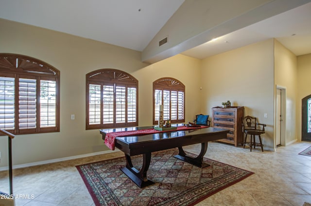 rec room featuring visible vents, high vaulted ceiling, and tile patterned flooring