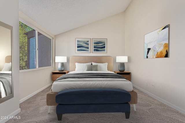 bedroom with carpet, lofted ceiling, a textured ceiling, and multiple windows