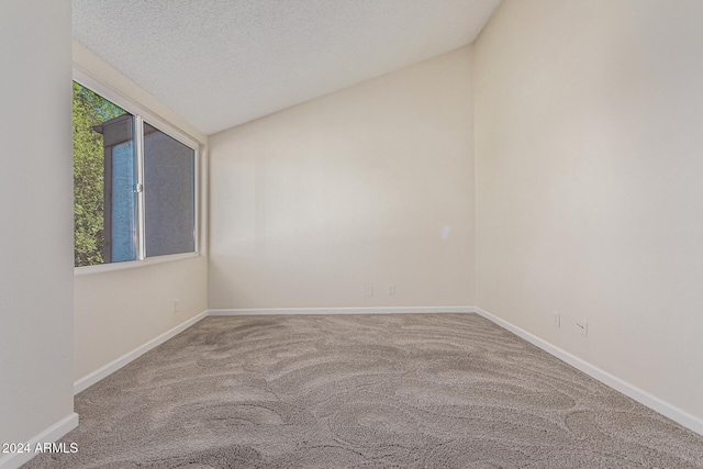 spare room with a textured ceiling, carpet floors, and vaulted ceiling