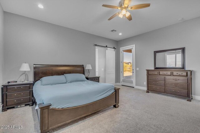 28319 N Marchant Trce, Queen Creek, AZ 85144 - carpeted bedroom featuring baseboards, access to outside, a barn door, visible vents, and a ceiling fan