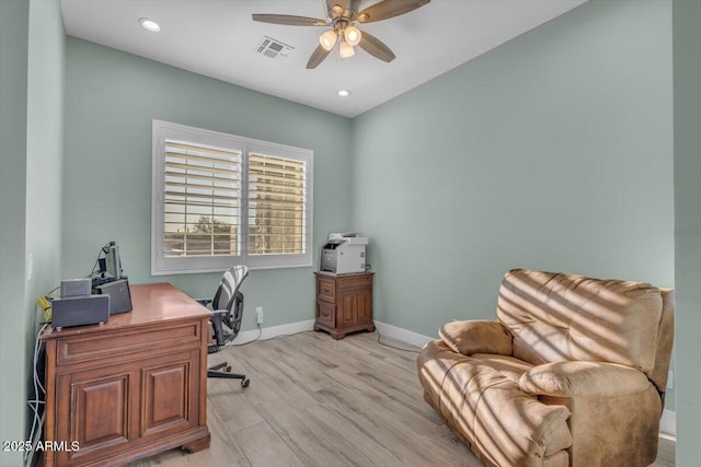 28319 N Marchant Trce, Queen Creek, AZ 85144 - office area with baseboards, visible vents, light wood-style floors, ceiling fan, and recessed lighting