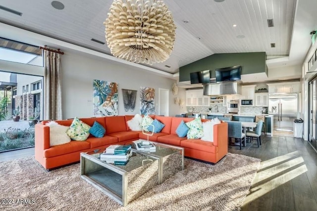 living room featuring wood ceiling, a chandelier, high vaulted ceiling, and wood-type flooring