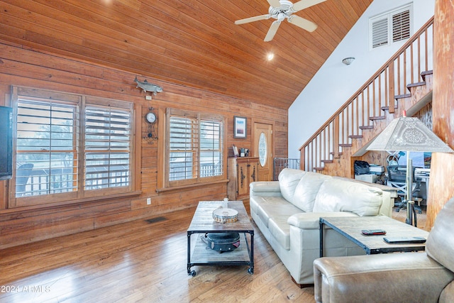 living room with wood ceiling, ceiling fan, wooden walls, high vaulted ceiling, and light hardwood / wood-style flooring