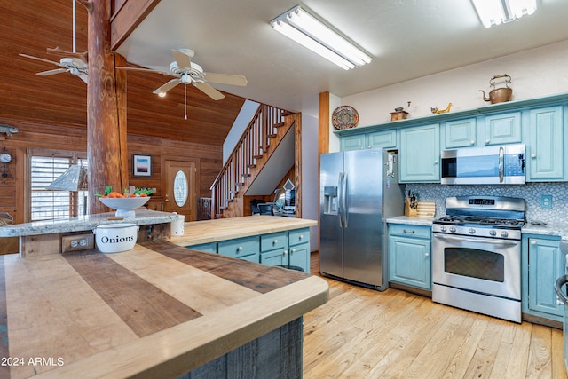 kitchen featuring butcher block counters, stainless steel appliances, blue cabinetry, and wooden walls