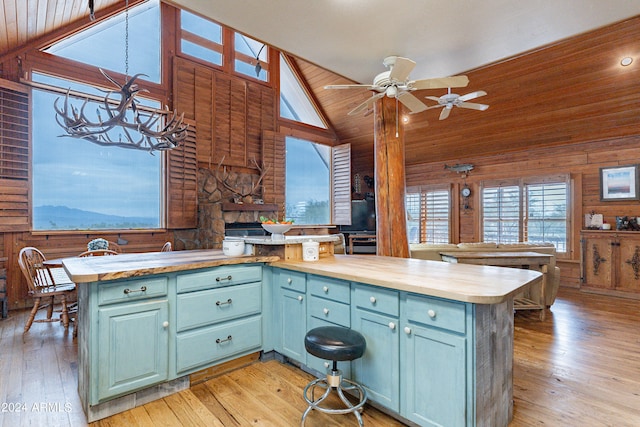 kitchen with light wood-type flooring, vaulted ceiling, wooden ceiling, butcher block counters, and wood walls