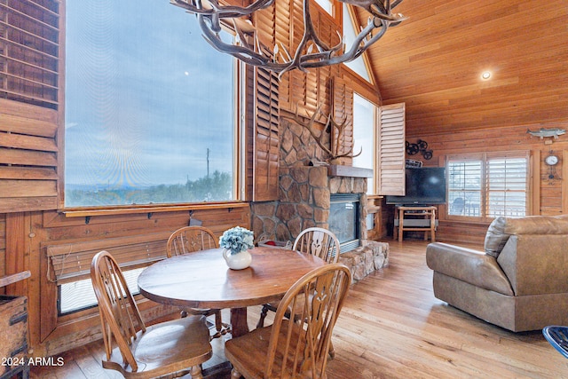 dining area featuring wood walls, wooden ceiling, vaulted ceiling, light hardwood / wood-style flooring, and a fireplace