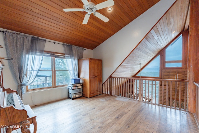 additional living space featuring plenty of natural light, light wood-type flooring, and wooden ceiling