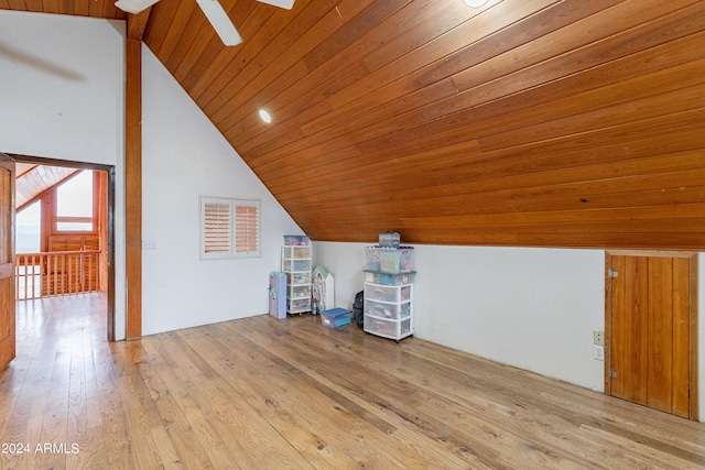 bonus room featuring wooden ceiling, ceiling fan, light hardwood / wood-style floors, and lofted ceiling