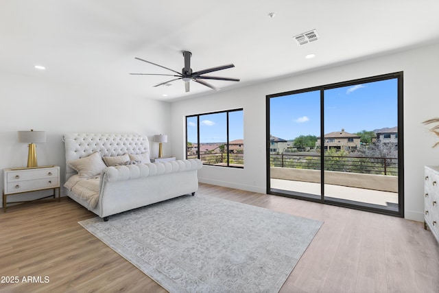 10646 E Butherus Dr, Scottsdale, AZ 85255 - bedroom featuring access to outside, light wood-type flooring, baseboards, recessed lighting, and ceiling fan