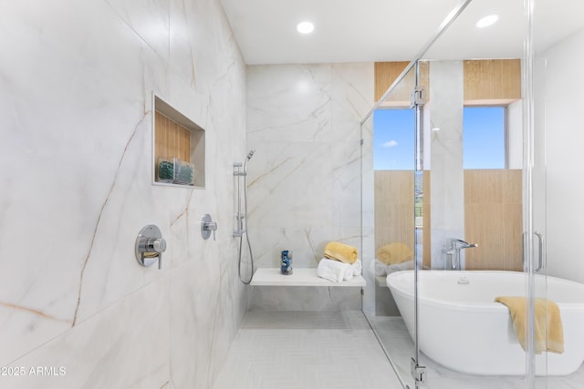 10646 E Butherus Dr, Scottsdale, AZ 85255 - full bath featuring a marble finish shower, a soaking tub, recessed lighting, and tile walls