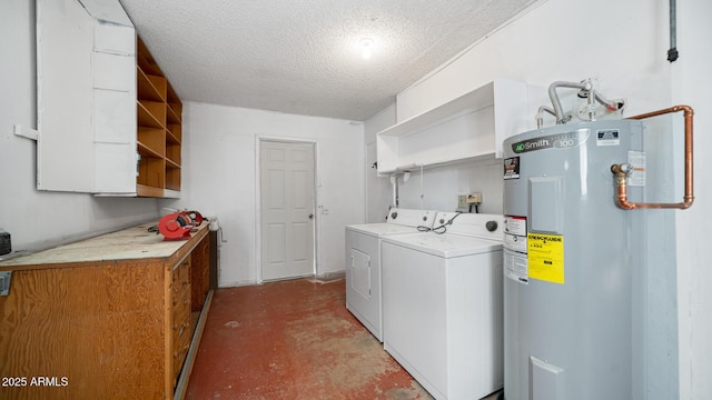 washroom with separate washer and dryer, a textured ceiling, and water heater