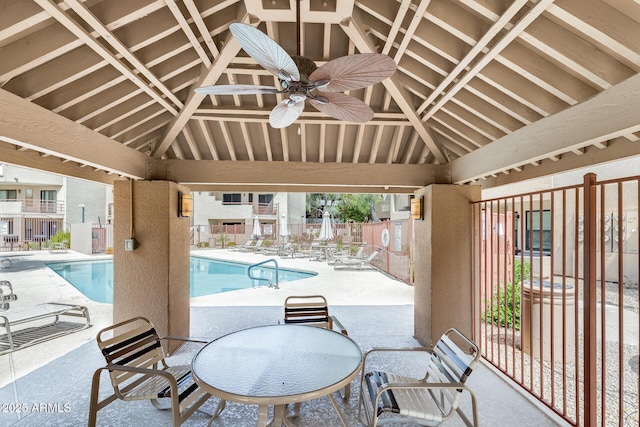 4850 E Desert Cove Ave Unit 240, Scottsdale, AZ 85254 - pool featuring ceiling fan, a gazebo, fence, and a patio area