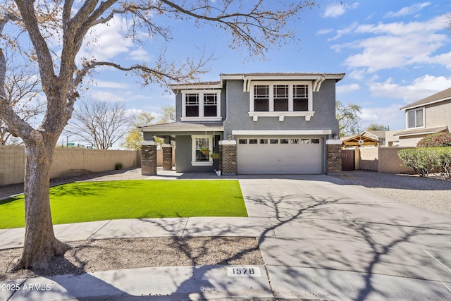 view of front of home featuring a garage, concrete driveway, fence, and stucco siding