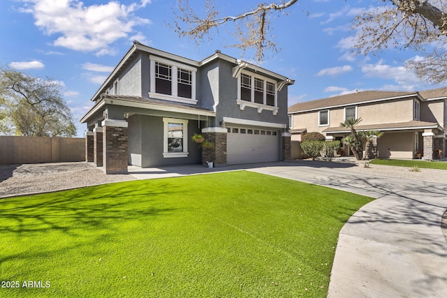 view of front facade featuring a garage, concrete driveway, stucco siding, fence, and brick siding