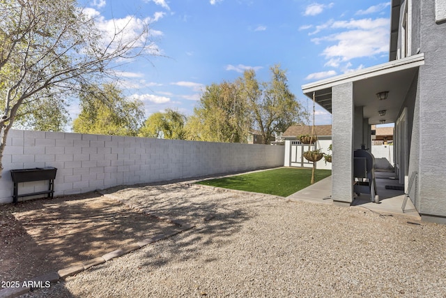 view of yard featuring a patio area and a fenced backyard