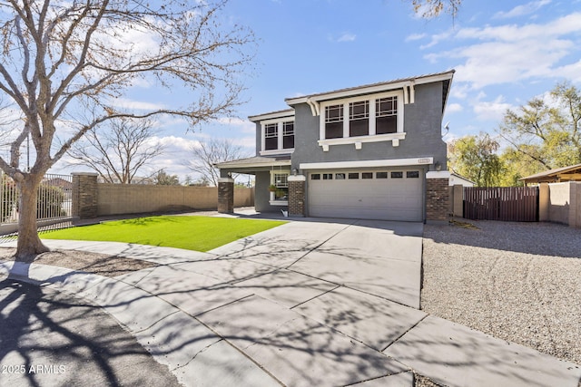 view of front facade with a fenced front yard, brick siding, a garage, and stucco siding