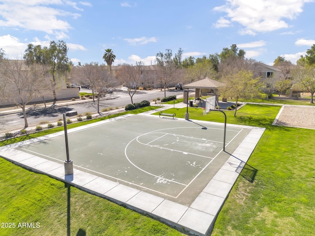 view of basketball court with a gazebo, a lawn, and community basketball court