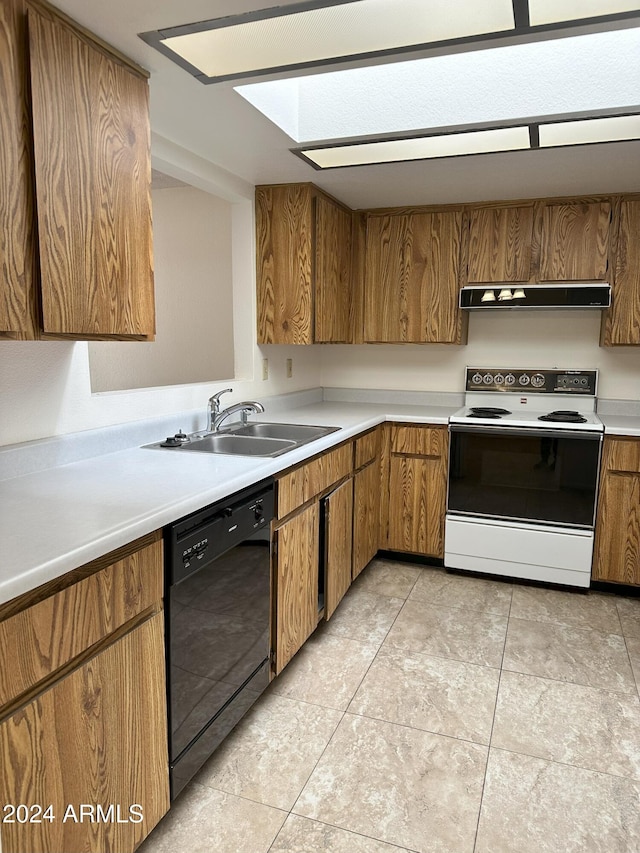 kitchen featuring dishwasher, light tile patterned flooring, electric stove, and sink