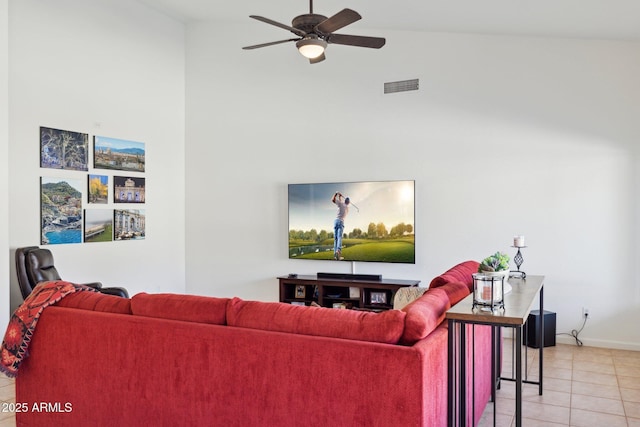 4936 E Villa Rita Dr, Scottsdale, AZ 85254 - living area featuring light tile patterned floors, visible vents, ceiling fan, high vaulted ceiling, and baseboards