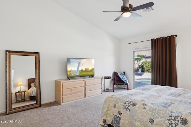 4936 E Villa Rita Dr, Scottsdale, AZ 85254 - bedroom with visible vents, a ceiling fan, lofted ceiling, access to exterior, and carpet flooring