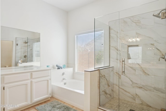 4936 E Villa Rita Dr, Scottsdale, AZ 85254 - full bathroom featuring vanity, a marble finish shower, and a bath
