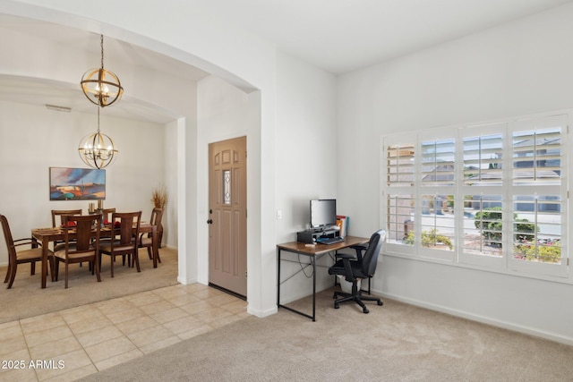 4936 E Villa Rita Dr, Scottsdale, AZ 85254 - tiled office featuring carpet, a notable chandelier, arched walkways, and baseboards