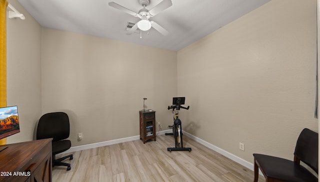 office space featuring light hardwood / wood-style floors and ceiling fan