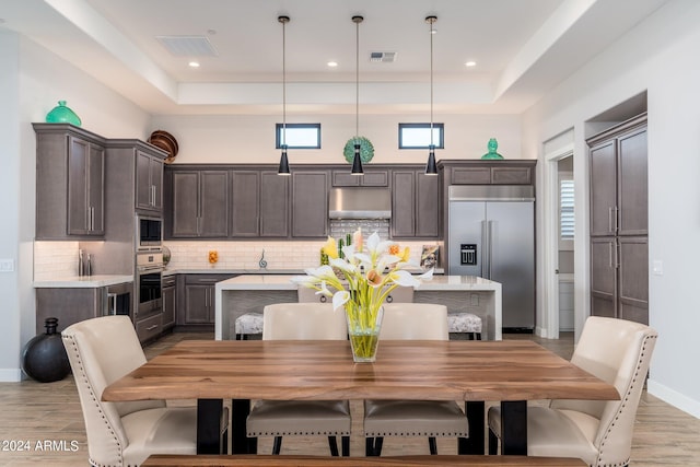 dining space with a tray ceiling, a healthy amount of sunlight, and light hardwood / wood-style flooring