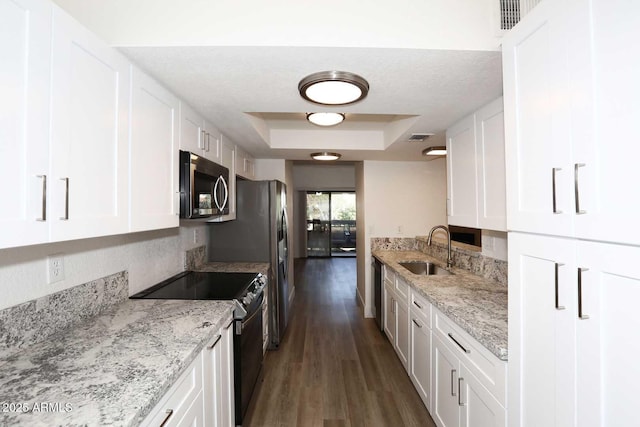 kitchen with appliances with stainless steel finishes, a sink, a raised ceiling, white cabinetry, and dark wood-type flooring