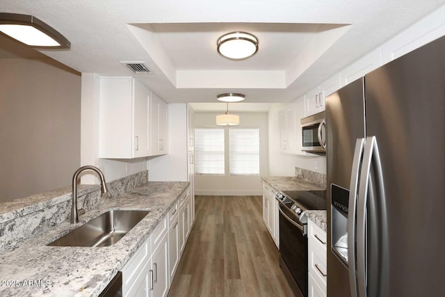 kitchen featuring stainless steel appliances, a sink, a tray ceiling, wood finished floors, and white cabinetry