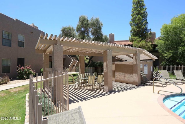 view of home's community with a patio area, fence, a pergola, and a pool