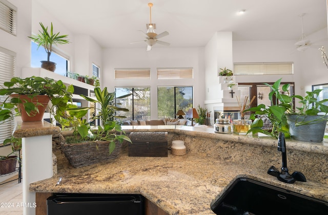 kitchen with ceiling fan, sink, and light stone countertops