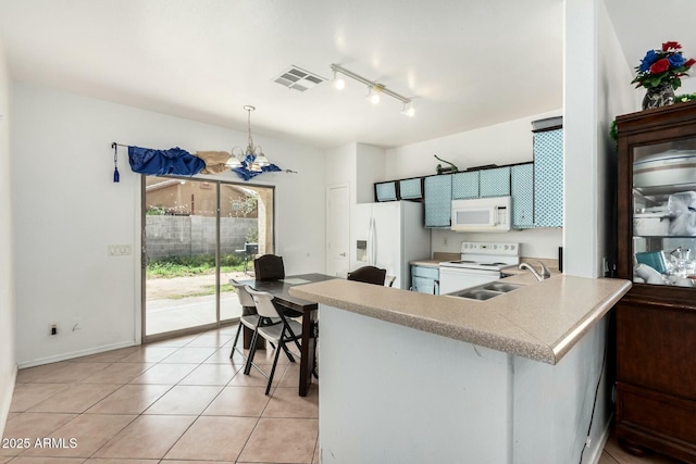 kitchen featuring white appliances, visible vents, a peninsula, light countertops, and a sink