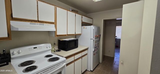 10408 W Devonshire Ave, Phoenix, AZ 85037 - kitchen with under cabinet range hood, white appliances, light countertops, white cabinetry, and light tile patterned floors