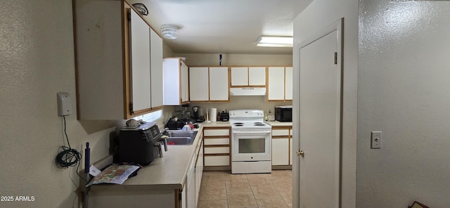 10408 W Devonshire Ave, Phoenix, AZ 85037 - kitchen with white range with electric cooktop, under cabinet range hood, black microwave, light countertops, and white cabinetry
