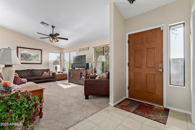 4725 E Brown Rd Unit 79, Mesa, AZ 85205 - foyer entrance featuring a ceiling fan, light tile patterned floors, lofted ceiling, and light colored carpet